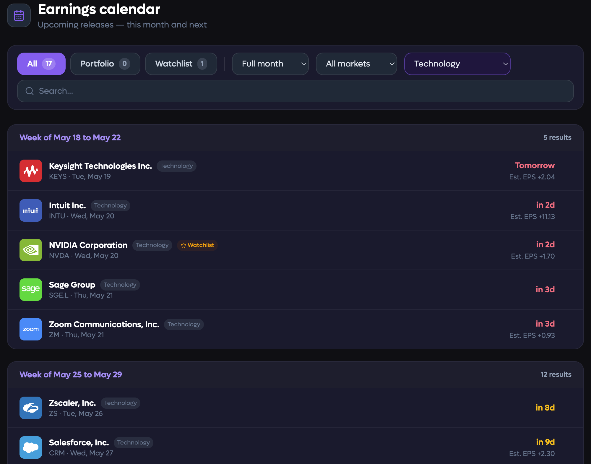 Wolfora earnings calendar in dark mode
